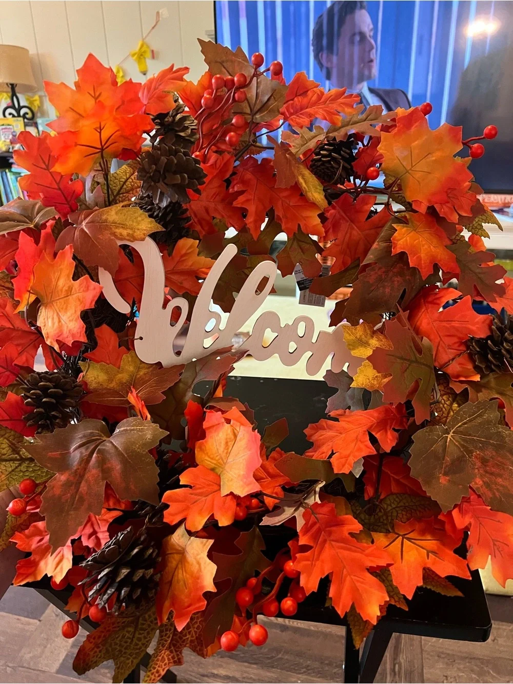 Vibrant Autumn Maple & Pinecone Wreath in Red and Orange